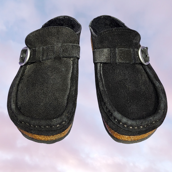 Birkenstock Buckley Black Suede Fuzzy Warm Buckle Slide On Clog Mule Loafer Sz 6 - Picture 2 of 6
